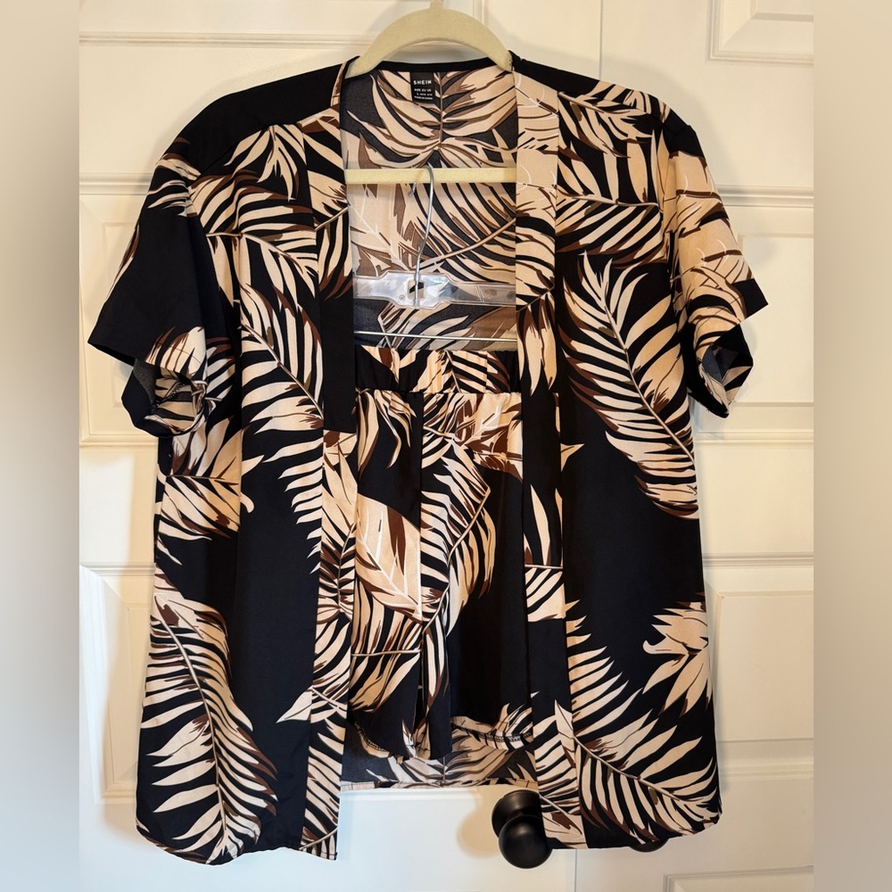 SHEIN Black Cream Leaf Print Blouse Boho Long Sleeve Top Size L